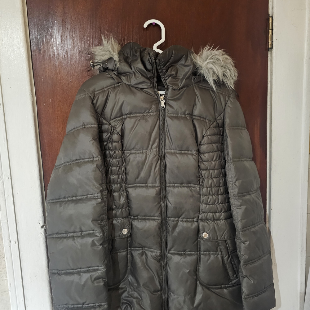 Laundry by Design Gray Puffer Jacket with Fur-Trimmed Hood